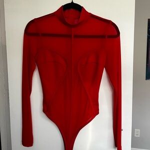 Long Sleeve Red Mesh Bodysuit